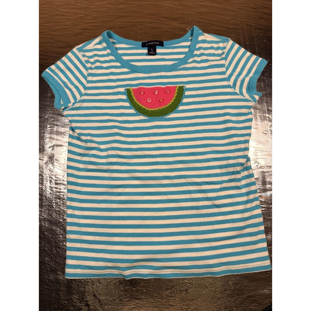 Lands' End Shirt Girls 14 Blue Striped Watermelon Applique Summer Tee Top